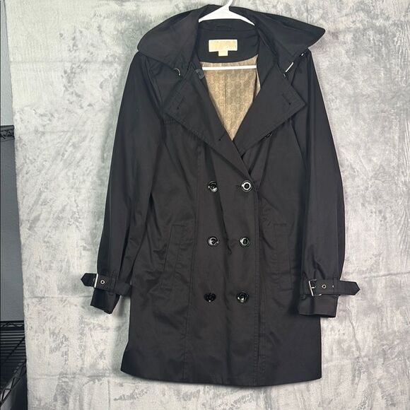 Michael Kors Black Hooded Front Button Trench Jacket Coat Size Small - Picture 1 of 10
